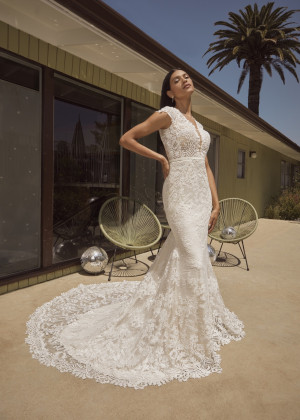 Cap Sleeves Ivory Lace Tulle Keyhole Back Modern Wedding Dress